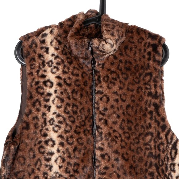 Cejon Leopard Print Faux Fur Vest L Womens Full Zipper Soft Pockets High Neck - Picture 2 of 5